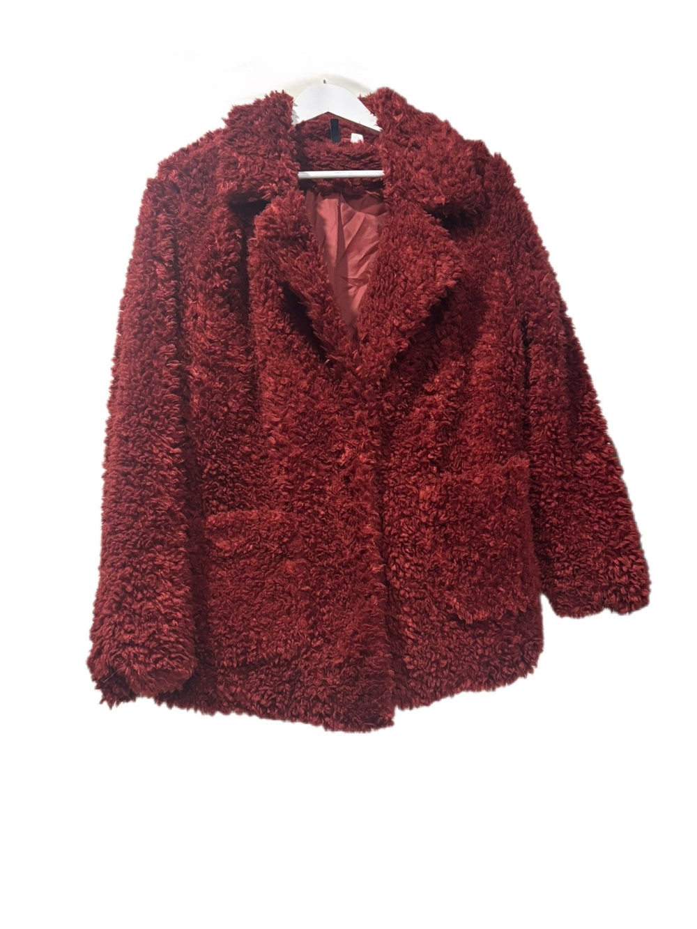 H&M Divided Burgundy Shaggy Faux Fur Teddy Bear Coat - Size Large